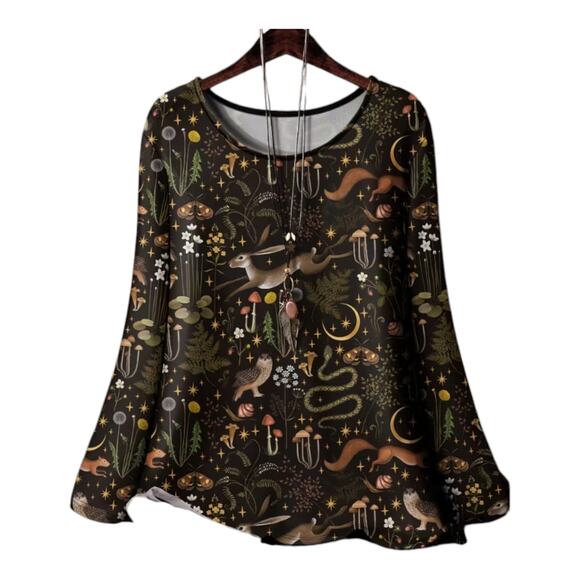 Women’s Plus Size 4XL Long Sleeve Tee – Playful Animal, Plant & Insect Print - Picture 1 of 6